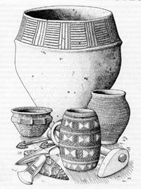 Typical objects from the Early Bronze Age, found in Norfolk. At the back is a collared urn from Witton. The three pots at the front are all beaker types. On the left is a food vessel from Feltwell. From Hunters to First Farmers by Bruce Robinson.