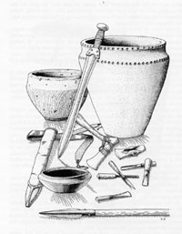 Typical objects from the Late Bronze Age, found in Norfolk. The tall jar and the bowl at the front are from West Harling. A wide range of specialised bronze tools were made at this time. From Hunters to First Farmers by Bruce Robinson.