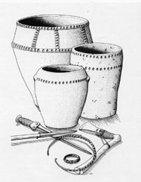 Typical objects from the Middle Bronze Age, found in Norfolk. The pottery urns often contain cremations. The axe or palstave is from Hunstanton, as are the torc and bracelet. From Hunters to First Farmers by Bruce Robinson.