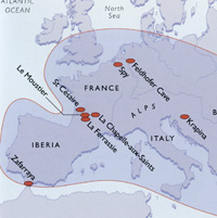 Map showing likely extent of Neanderthal man at its height. Taken from 'Ape Man' by Robin McKie.