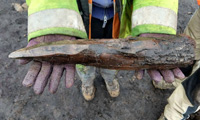 Preserved timber stake from Seven Springs, 4300 years old. Picture from the Guardian.