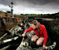 Star Carr excavations in 2010, showing wood, 11,000 years old. Also Dr Nicky Milner of University of York.