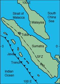Map showing location of the volcano Mt Toba, which is today a massive lake, sixty miles long.