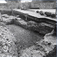 Excavations by Martin Biddle showing abbey walls, Bury St Edmunds. Seen in 1962. Picture by M Biddle