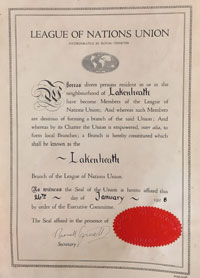 Charter establishing the Lakenheath Branch of the League of Nations Union. Source - David Jones (Lakenheath Heritage Group)