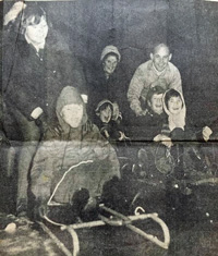 Tobogganing on frozen Livermere Lake. Pic from Bury Free Press published on Facebook page Old Bury St Edmunds.