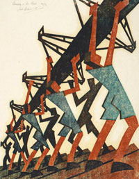 Bringing in the boat 1933 by Sybil Andrews. Picture from Hana Leaper's Catalogue