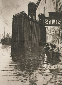 Low Tide Limehouse 1923. Etching with drypoint by Sybil Andrews. Picture from Hana Leaper Catalogue