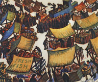 Market Day by Sybil Andrews. A 4 colour linocut from c1936. Picture from Hana Leaper's Catalogue