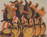 Sybil Andrews Six Waterpots of Stone 1988. Picture from Hana Leaper Catalogue