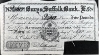 Five pound note 1827 Bury and Suffolk Bank of the Oakes partnership.