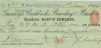 Cheque issued by Gurneys Bank, Bury St Edmunds, dated 1894