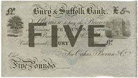 Unissued Five pound note 1854 Bury and Suffolk Bank of Oakes, Bevan, and Co.