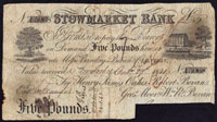 Five pound note 1826 Stowmarket Bank of Oakes, Bevan, Moore and Bevan partnership.