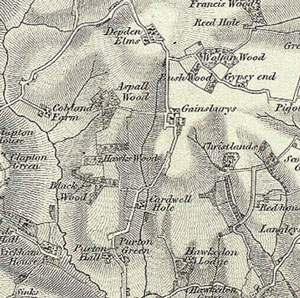 OS one inch map from 1836 clearly showing the Gatesbury farmhouse located upon a route from Clare to Bury.