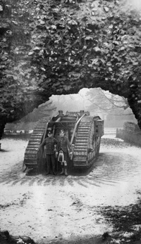 British tank in the Abbey Gardens. Note the concrete pad on which it stands - still there in 2013!