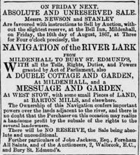 Advertising the sale of the River Lark Navigation and its houses. BNP 13_08_1867